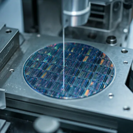 Semiconductor wafer being inspected in a precision tool